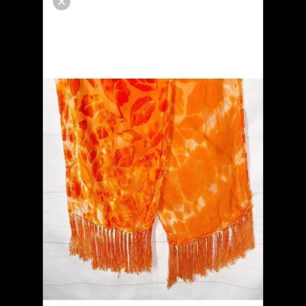 👠🥻Orange Long Scarf Hand Rolled Edges Burn Out Silk Blend Fringe 51 X 9